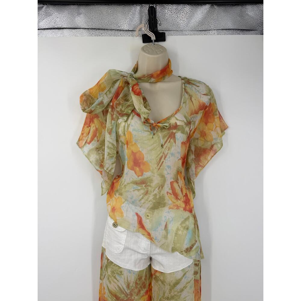 Womens Boho Sheer Floral 2pc Set Palazzo Pants Overlay Shorts Resort Y2K Size L - Picture 7 of 16
